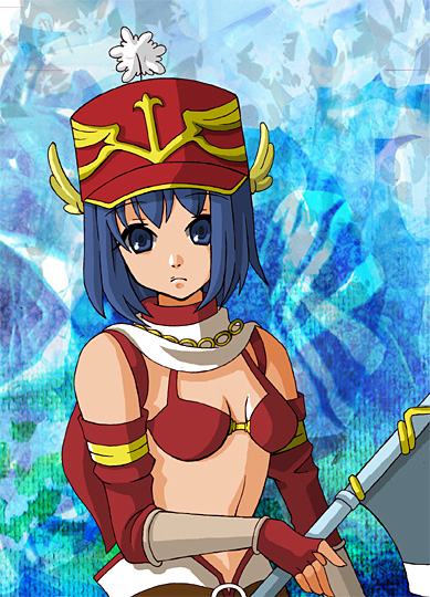 1girl axe bikini blue_background blue_eyes blue_hair breasts closed_mouth commentary_request elbow_gloves expressionless fingerless_gloves gloves hat holding holding_axe looking_at_viewer mechanic_(ragnarok_online) medium_breasts monou0135 navel ragnarok_online red_bikini red_gloves red_hat shako_cap short_hair solo swimsuit upper_body