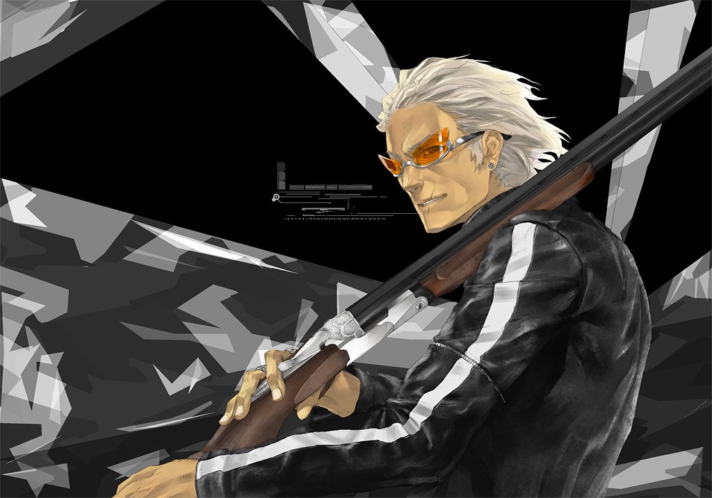 1boy gun male_focus old old_man original redjuice scar scar_on_face scar_on_mouth senior shotgun silver_hair solo sunglasses weapon