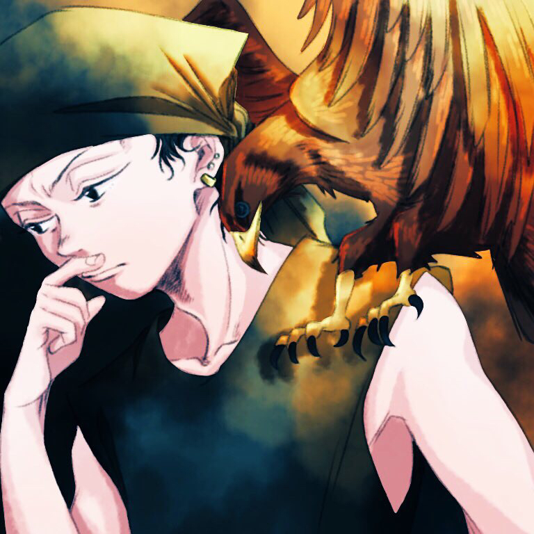 1boy ahiru_no_sora bad_id bad_pixiv_id bird black_eyes black_hair black_shirt durag earrings hand_up hawk jewelry male_focus natsume_kenji shirt sleeveless stud_earrings tuzuriya