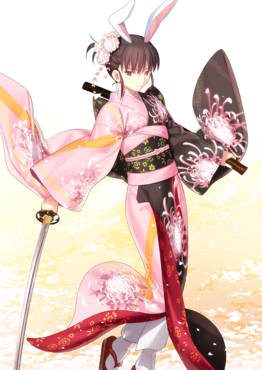 1girl animal_ears breasts brown_eyes brown_hair brown_kimono brown_sash closed_mouth expressionless fate/grand_order fate_(series) feet_out_of_frame floral_print floral_print_kimono flower flower_request gradient_background hair_flower hair_ornament holding holding_sheath holding_sword holding_weapon japanese_clothes katana kimono large_variant_set long_sleeves looking_to_the_side multicolored_kimono obiage obijime official_art orange_background pink_kimono print_kimono rabbit_ears ryougi_shiki ryougi_shiki_(second_ascension) sandals sheath short_hair sidelocks socks solo sword tabi takeuchi_takashi third-party_source variant_set weapon white_background white_socks wide_sleeves zouri