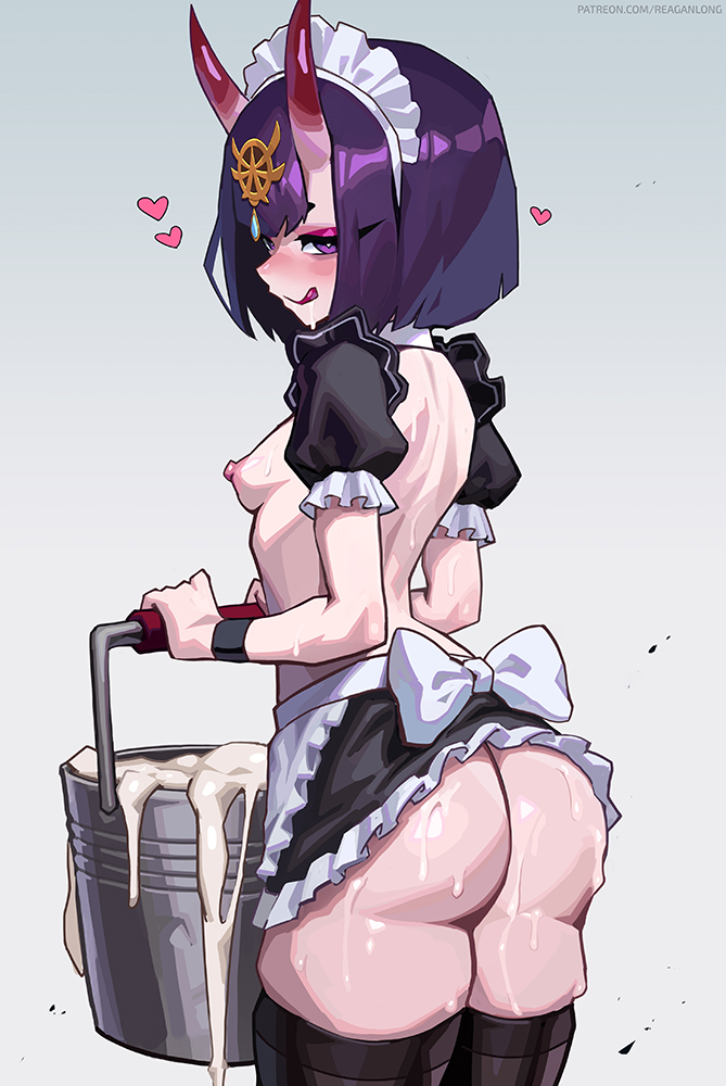 1girl after_fellatio aftersex alternate_costume apron ass back black_shrug black_skirt black_thighhighs blush bob_cut breasts bucket closed_mouth colored_skin cum cum_bucket cum_drool cum_in_container cum_in_mouth cum_on_ass cum_on_back cum_on_body cum_on_breasts cum_on_legs cum_on_upper_body enmaided eyelashes eyeshadow fate/grand_order fate_(series) female_focus frilled_apron frilled_skirt frills from_behind gokkun grey_background holding holding_bucket horns licking_lips looking_at_viewer looking_back maid maid_headdress makeup matching_hair/eyes medium_hair naughty_face nipples oni petite pink_skin puffy_short_sleeves puffy_sleeves purple_eyes purple_eyeshadow purple_hair reagan_long short_sleeves shrug_(clothing) shuten_douji_(fate) simple_background skin-covered_horns skirt small_breasts smile solo standing thighhighs tongue tongue_out two-tone_skirt waist_apron white_apron white_headdress white_skirt