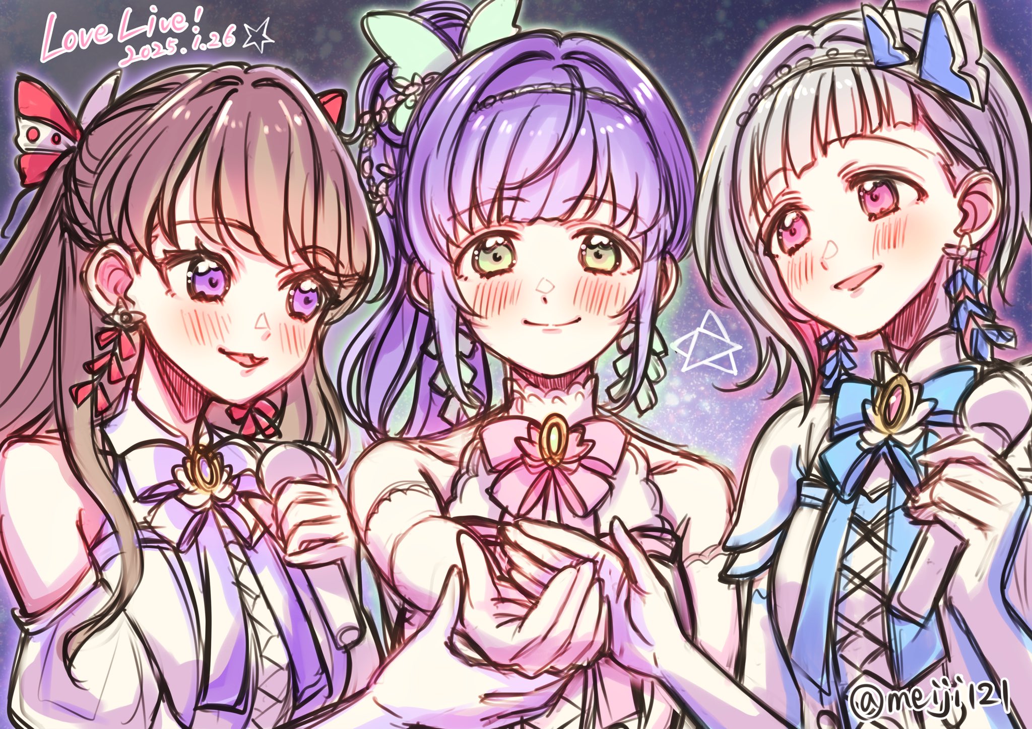3girls :d aurora_flower_(love_live!) bare_shoulders blue_ribbon blush bob_cut brown_hair butterfly_hair_ornament closed_mouth collarbone colored_inner_hair commentary_request cross-laced_clothes cross-laced_top dated diagonal_bangs elbow_gloves fujishima_megumi gloves green_eyes grey_hair hair_bun hair_intakes hair_ornament hairband highres holding holding_microphone inverted_bob link!_like!_love_live! long_hair love_live! meiji_(mosamoo3) microphone multicolored_hair multiple_girls neck_ribbon open_mouth otomune_kozue pink_eyes pink_hair pink_ribbon purple_background purple_eyes purple_hair purple_ribbon ribbon short_hair side_ponytail sidelocks single_side_bun smile star_(symbol) streaked_hair twitter_username two_side_up upper_body virtual_youtuber white_gloves white_hairband yugiri_tsuzuri