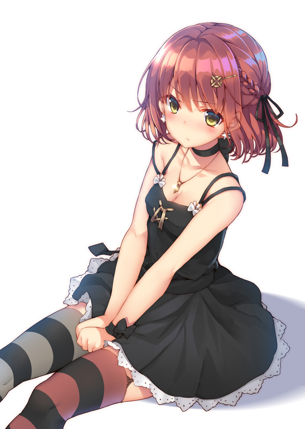 1girl asymmetrical_legwear bare_arms black_dress blush braid breasts choker cleavage collarbone commentary cowboy_shot dress earrings female_focus frown garter_straps green_eyes hair_ornament hair_ribbon hairclip highres jewelry kazuzu medium_breasts mismatched_legwear multiple_straps necklace original red_hair ribbon shadow short_dress short_hair simple_background sitting sleeveless sleeveless_dress solo striped_clothes striped_thighhighs thighhighs v_arms white_background wrist_bow