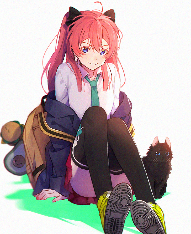 1girl aqua_necktie black_bow black_cat black_thighhighs blue_eyes bow cat collared_shirt convenient_censoring convenient_leg full_body hair_bow hakusai_(tiahszld) high_tops jacket necktie off_shoulder original red_hair school_uniform shadow shirt shoes sitting smile sneakers thighhighs thighs upskirt white_shirt yellow_shoes zettai_ryouiki