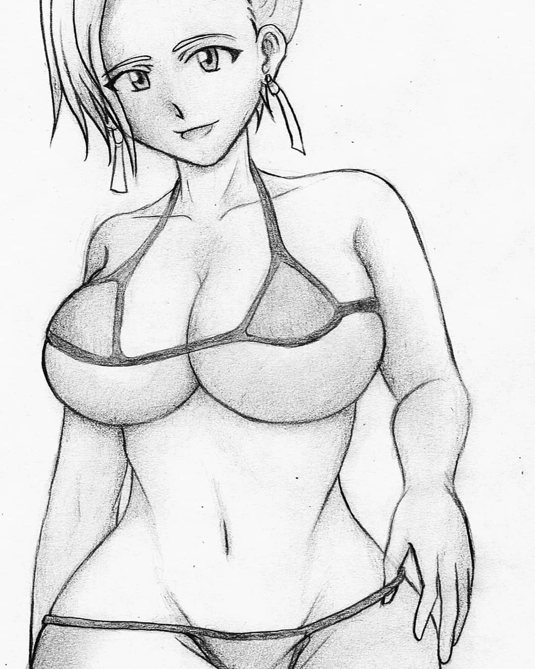 1girl bikini breasts curvy earrings eroticfanart female_focus highres jewelry large_breasts long_hair mature_(kof) micro_bikini pale_skin panties panty_pull smile smiley_face striderokami swimsuit the_king_of_fighters thighs tight_clothes underboob underwear undressing wide_hips