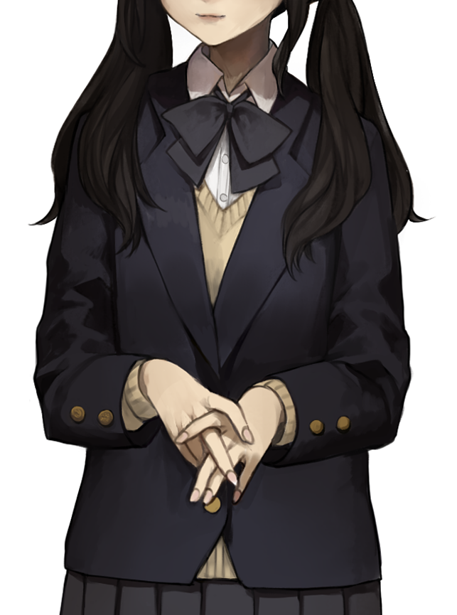 1girl black_bow black_bowtie black_hair black_jacket black_skirt bow bowtie buttons cardigan closed_mouth collared_shirt commentary cowboy_shot dated_commentary fingernails head_out_of_frame jacket light_smile lips long_hair long_sleeves original own_hands_together pleated_skirt sakauchi_waka shirt sidelocks simple_background skirt solo twintails white_background white_shirt yellow_cardigan