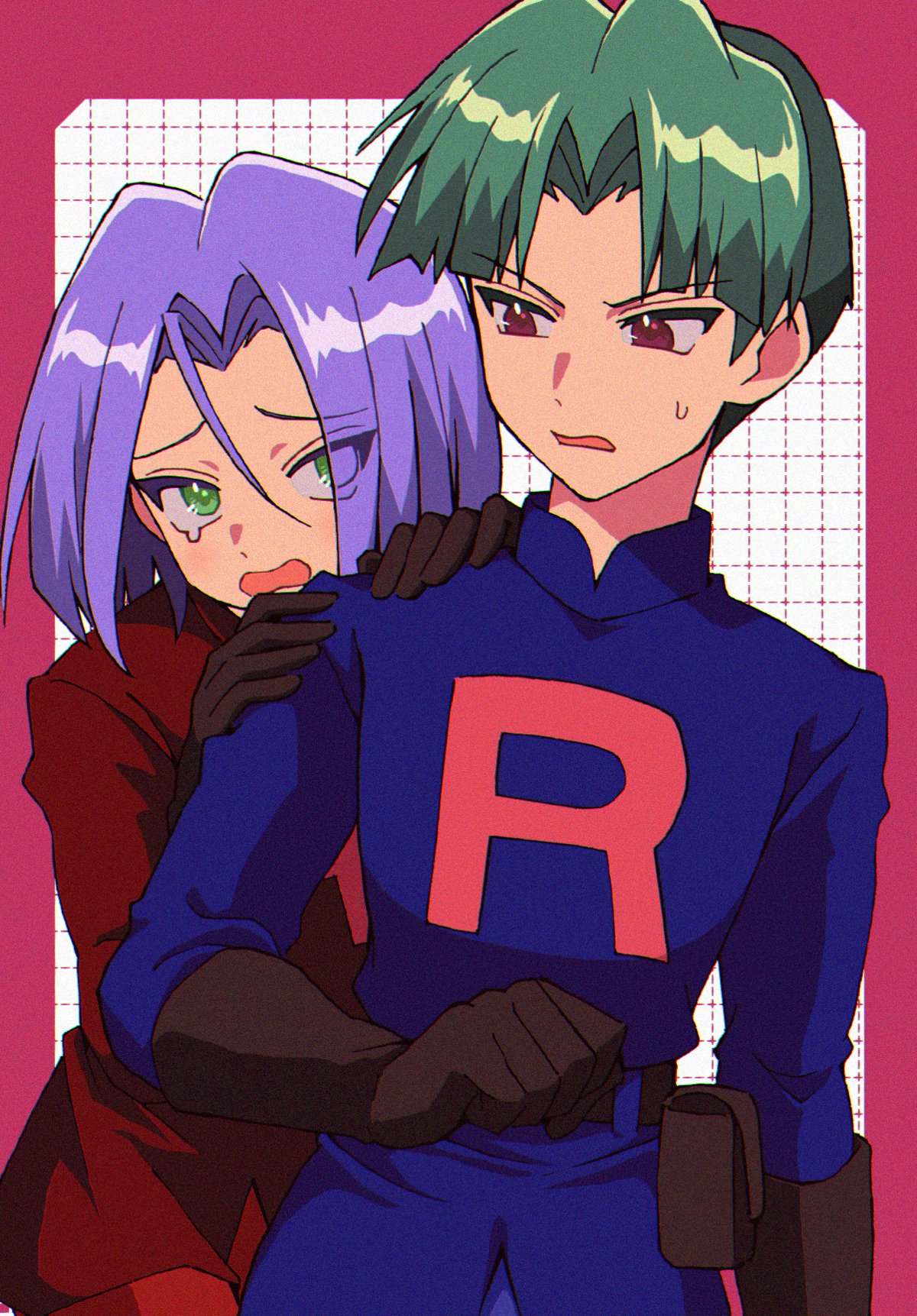 2boys black_gloves blue_hair brown_eyes butch_(pokemon) gloves green_eyes green_hair highres james_(pokemon) macchiromomomo male_focus multiple_boys nintendo pokemon pokemon_(anime) pokemon_(classic_anime) pokemon_hs12 scared sweatdrop team_rocket team_rocket_uniform teardrop tears