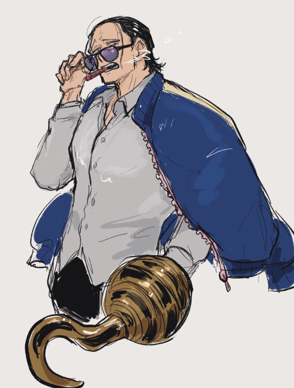 1boy black_hair blue_jacket collared_shirt crocodile_(one_piece) f4ylu hair_slicked_back highres hook_hand jacket jacket_on_shoulders looking_at_viewer male_focus one_piece purple-tinted_eyewear shirt simple_background solo sunglasses tinted_eyewear upper_body white_background
