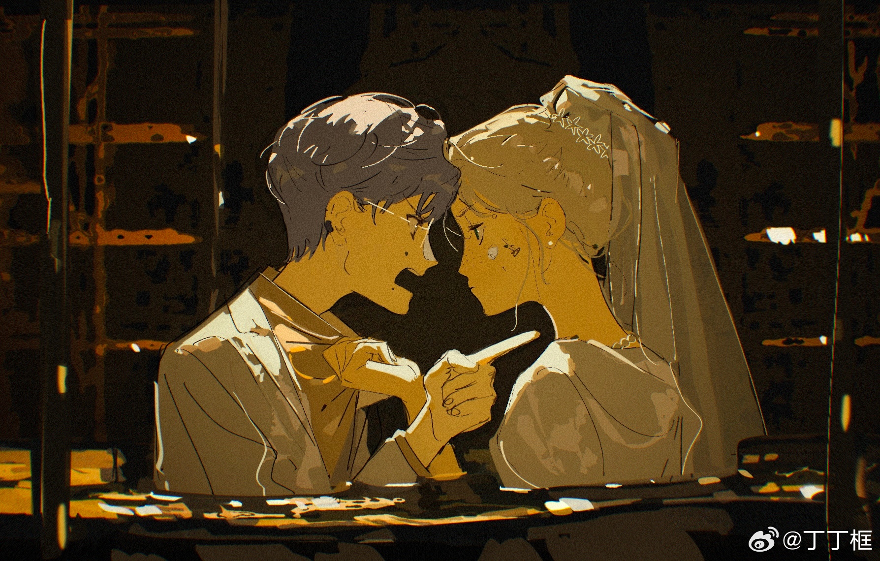 1boy 1girl ami_(fusheng_yi_xi) angry blonde_hair blue_eyes bridal_veil from_side fusheng_yi_xi glasses grey_hair highres holding holding_shirt holding_unworn_clothes jacket looking_at_another markings_on_cheeks mia_(fusheng_yi_xi) partially_submerged pointing pointing_at_another sheya_tin shirt shouting unworn_shirt veil water watermark weibo_username weibo_watermark