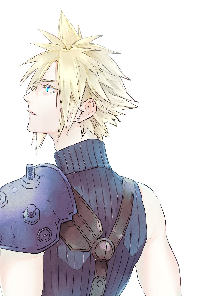 1boy armor blonde_hair blue_eyes blue_shirt cloud_strife earrings final_fantasy final_fantasy_vii highres jewelry looking_to_the_side male_focus open_mouth pauldrons piercing shirt shoulder_armor simple_background single_pauldron solo spiked_hair stud_earrings suspenders turtleneck upper_body urup_zzz white_background