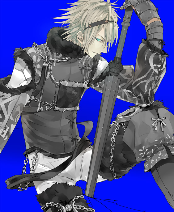 1boy aqua_eyes chain gauntlets hairband male_focus nier nier_(brother) nier_(brother)_(post_timeskip) nier_(series) serori silver_hair sitting solo sword weapon