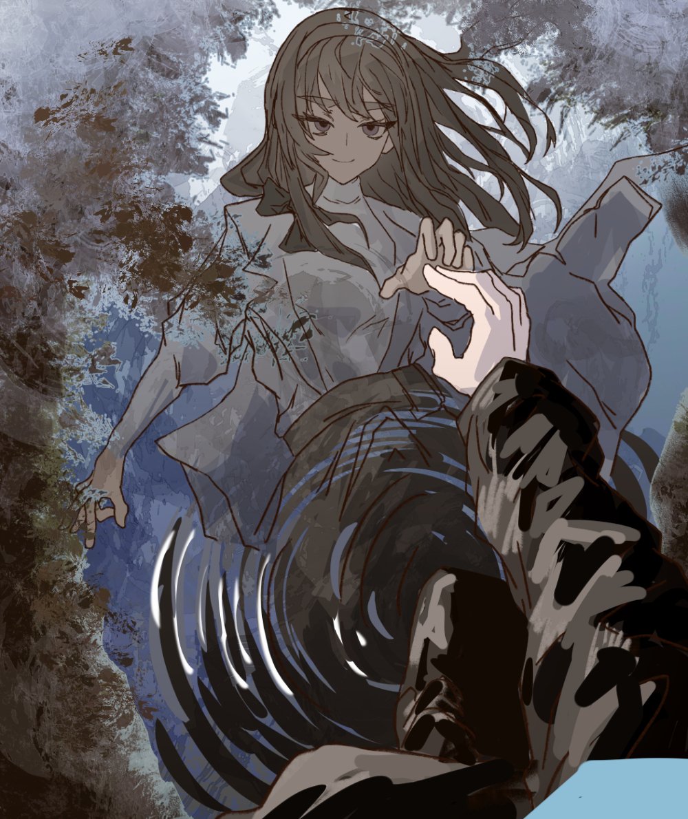 1girl 1other arknights black_hair black_skirt coat doctor_(arknights) grey_eyes lab_coat long_hair looking_at_viewer open_clothes open_coat pov priestess_(arknights) puddle reflection skirt smile thiccborb thick_eyebrows white_coat wind