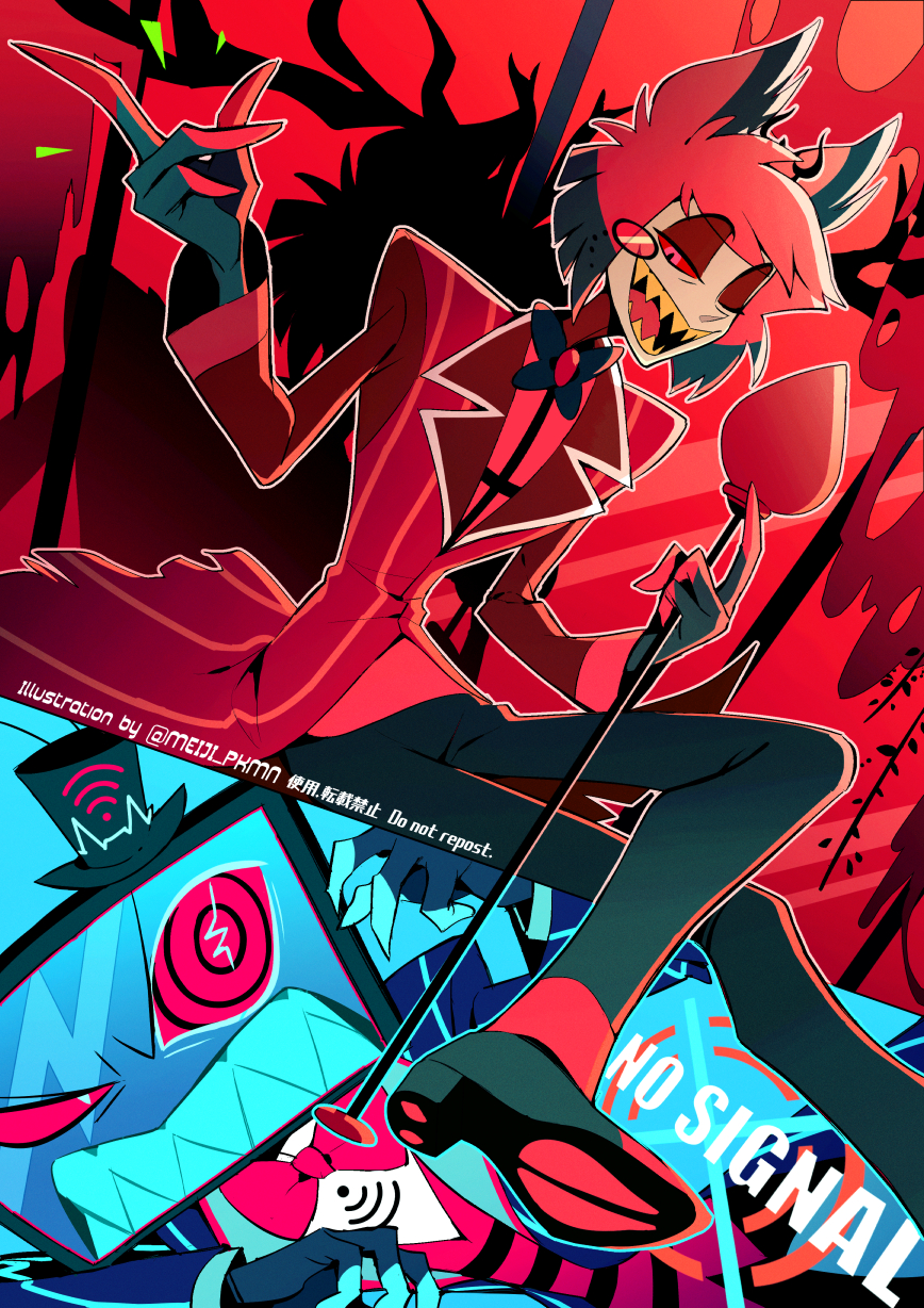 2boys alastor_(hazbin_hotel) animal_ears antlers black_bow black_bowtie black_eyeshadow black_footwear black_pants black_skin blue_coat bow bowtie cane coat colored_sclera colored_skin crossed_legs deer_antlers deer_ears eyeshadow furrowed_brow hat hazbin_hotel highres holding holding_cane horns makeup male_focus meiji_ken mini_hat monocle multiple_boys object_head one_eye_closed open_clothes open_coat pale_skin pants red_bow red_bowtie red_coat red_eyes red_eyeshadow red_sclera red_shirt sharp_teeth shirt snapping_fingers split_theme striped_coat teeth twitter_username vox_(hazbin_hotel) wi-fi_symbol x yellow_teeth
