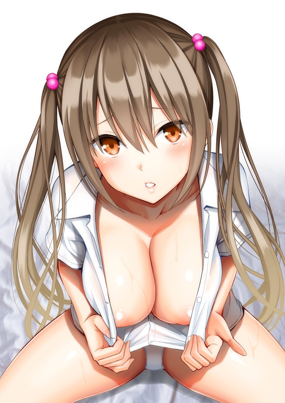 1girl areola_slip blush breasts brown_eyes brown_hair clothes_grab collarbone collared_shirt commentary_request eyes_visible_through_hair hair_between_eyes highres large_breasts long_hair looking_at_viewer open_clothes open_shirt original panties parted_lips partially_unbuttoned shiny_skin shirt short_sleeves simple_background sitting solo thighs twintails underwear white_background white_panties white_shirt wing_collar yahiro_pochi
