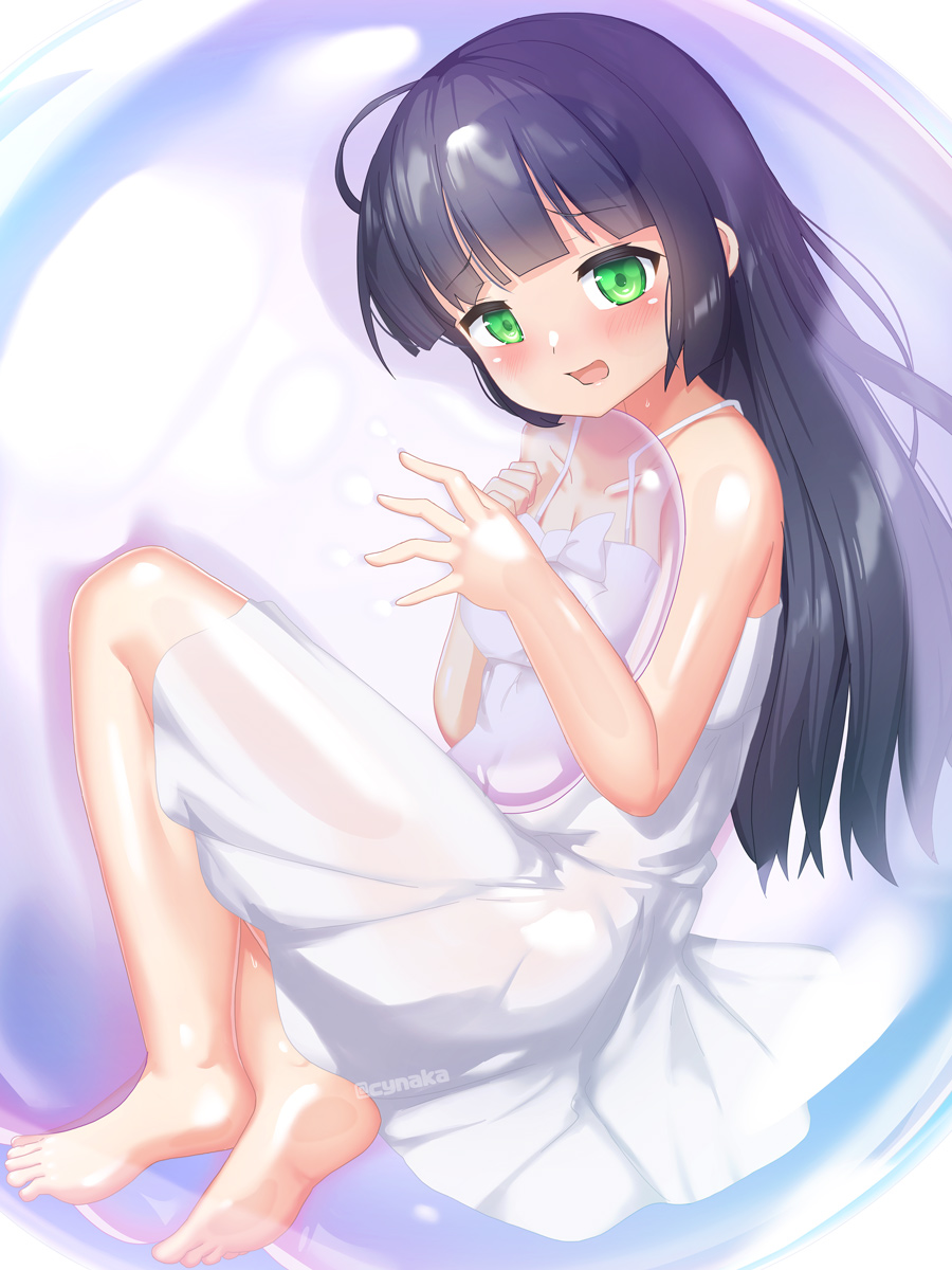 1girl balloon bare_arms bare_shoulders barefoot black_hair blush bubble commentary_request dress green_eyes highres long_hair looking_at_viewer naka_(cheeseyeast) open_mouth original sleeveless sleeveless_dress soles solo very_long_hair white_dress