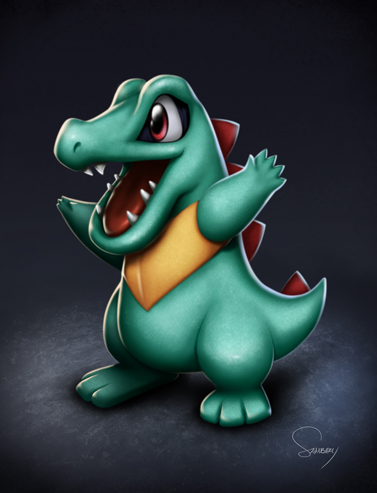 full_body gen_2_pokemon nintendo no_humans open_mouth pokemon pokemon_(creature) pokemon_focus red_eyes sam_delatore signature solo totodile