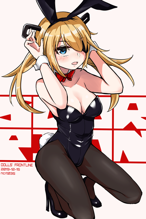 1girl alternate_costume animal_ears arms_up bare_shoulders black_footwear black_leotard black_pantyhose blonde_hair blue_eyes blush bow bowtie breasts character_name cleavage collar collarbone copyright_name dated detached_collar eyepatch fake_animal_ears female_focus full_body girls&#039;_frontline grey_background high_heels leotard long_hair looking_at_viewer medium_breasts niceratus_kiotensis open_mouth pantyhose petite playboy_bunny rabbit_ears rabbit_pose red_bow red_bowtie simple_background skorpion_(girls&#039;_frontline) smile solo squatting strapless strapless_leotard twintails white_collar white_wrist_cuffs wrist_cuffs