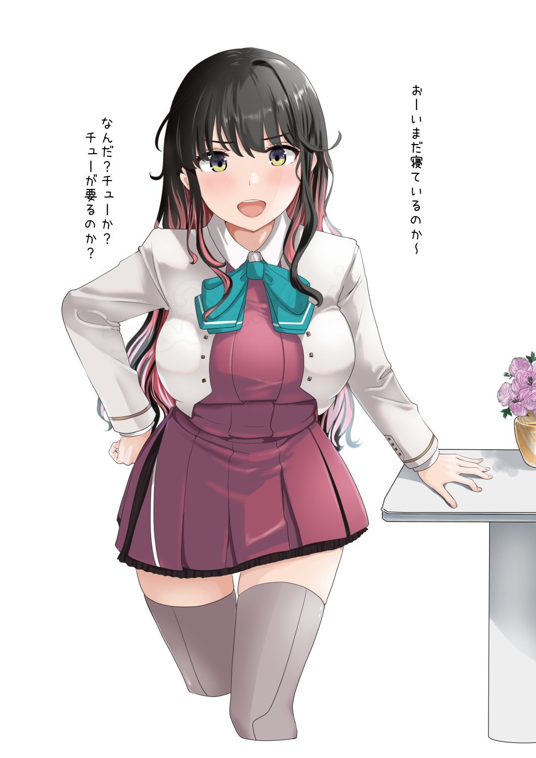 1girl aqua_bow aqua_bowtie black_hair blazer bow bowtie breasts colored_inner_hair cowboy_shot dress fang flower flower_pot grey_thighhighs hair_down hairband highres jacket jouzaburou_(joe3) kantai_collection large_breasts long_hair looking_at_viewer multicolored_hair naganami_(kancolle) naganami_kai_ni_(kancolle) open_mouth pink_hair purple_dress solo table thighhighs two-tone_hair wavy_hair white_background white_hairband yellow_eyes