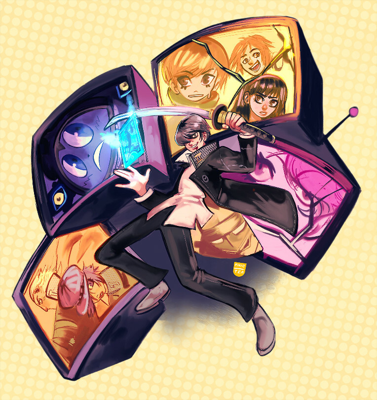 4boys 4girls black_jacket black_pants bruno_cruz card cracked_screen crt disembodied_eye frown full_body grey_hair grin hair_over_one_eye hands_up hat holding holding_sword holding_weapon houndstooth izanagi_(persona_4) jacket katana long_sleeves looking_at_viewer male_focus multiple_boys multiple_girls narukami_yu newsboy_cap open_clothes open_jacket open_mouth pants parted_lips persona persona_(summon) persona_4 school_uniform shirt shoes short_hair smile solo_focus sweatdrop sword tarot tarot_card television weapon white_shirt white_shoes yasogami_school_uniform