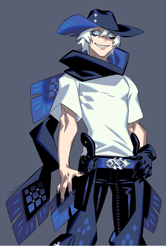 1boy blue_scarf chaps cowboy cowboy_hat cowboy_shot cowboy_western edarow grey_background grin gun hand_on_own_hip handgun hat holster holstered looking_at_viewer male_focus original revolver scarf sharp_teeth shirt short_hair simple_background smile solo teeth weapon western white_eyes white_hair white_shirt