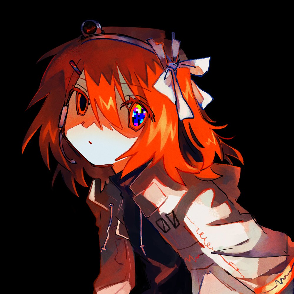 1girl a.i._voice adachi_rei arms_behind_back black_background black_shirt closed_mouth darkness empty_eyes expressionless floating_hair glitch hair_ornament hair_ribbon hairclip head_tilt headlamp headset hood hood_down jacket kajuu_(maimai_maimaa) leaning_forward looking_at_viewer medium_hair microphone open_clothes open_jacket orange_eyes orange_hair pale_skin parka pixelated radio_antenna ribbon shaded_face shirt side_ponytail solo sound_wave swept_bangs symbol_in_eye turtleneck underlighting upper_body utau white_jacket white_ribbon