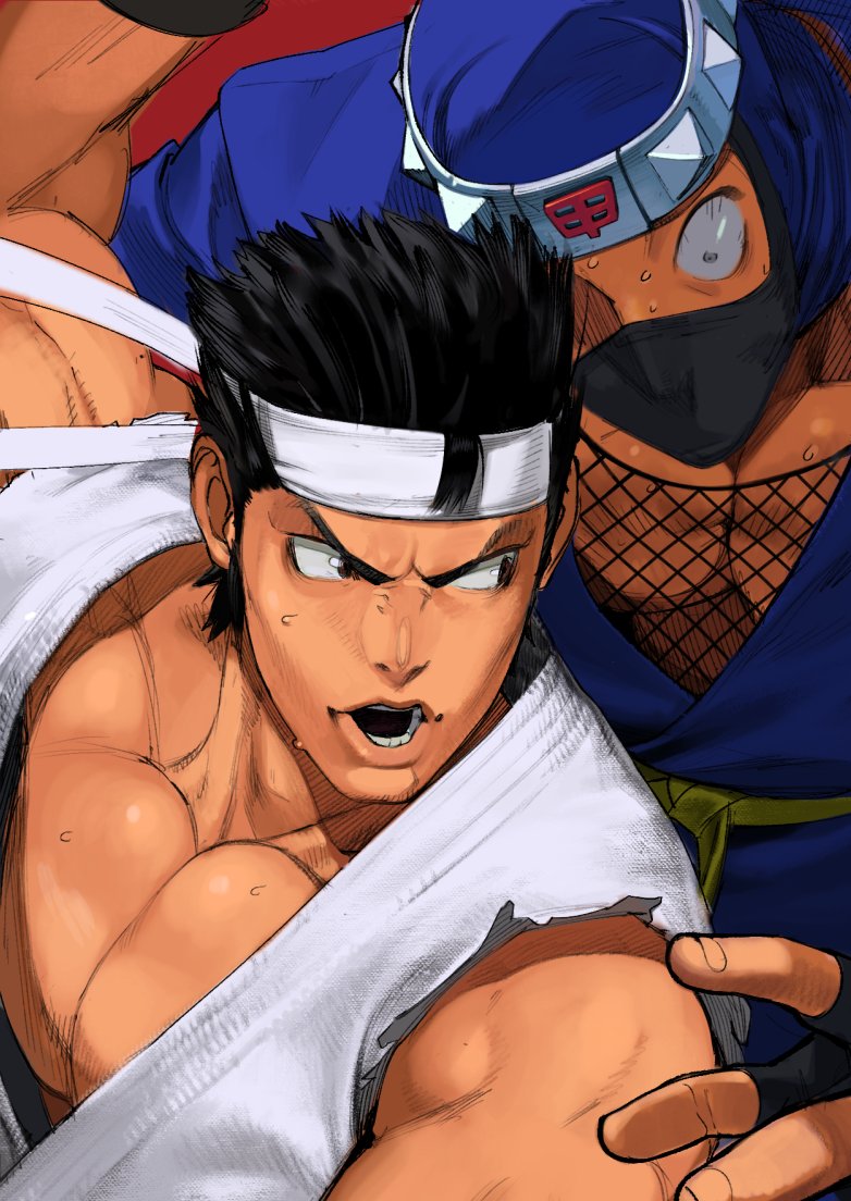 2boys bajiquan_(martial_arts) black_hair bulging_eyes close-up commentary conto covered_mouth dougi eye_pop fighting fishnet_top fishnets headband kage-maru male_focus martial_arts mask mixed-language_commentary mouth_mask multiple_boys muscular muscular_male ninja ninja_mask pectorals sega short_hair tetsuzankou virtua_fighter white_headband yuki_akira