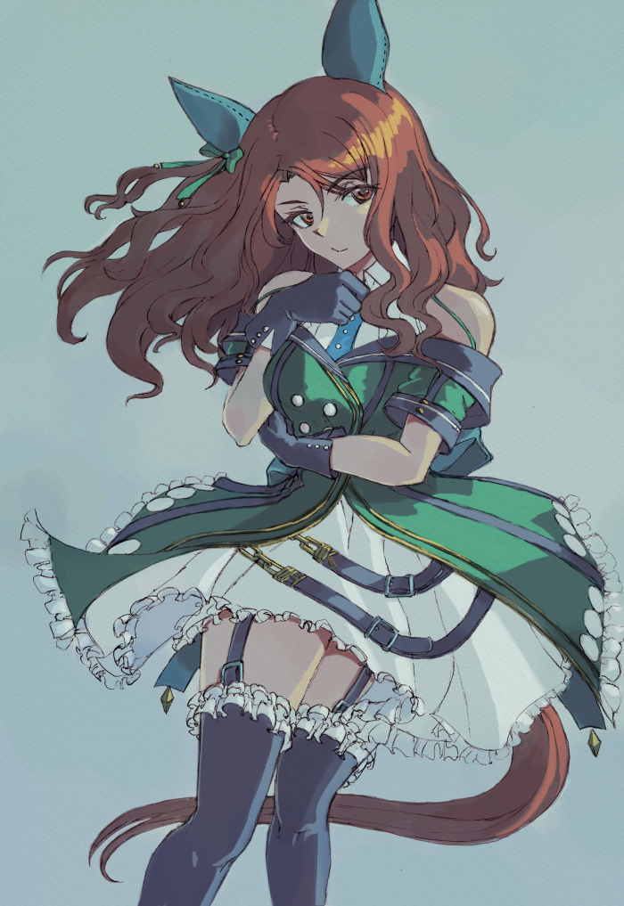 1girl animal_ears aqua_ribbon bare_shoulders black_gloves black_thighhighs closed_mouth collared_dress dress ear_covers floating_hair frilled_dress frilled_thighhighs frills garter_straps gloves hair_between_eyes hand_up horse_ears horse_girl horse_tail king_halo_(umamusume) long_hair multicolored_background off_shoulder orange_eyes orange_hair orange_tail ribbon sleeveless sleeveless_dress smile solo split_mouth tail thighhighs umamusume vaison white_dress zettai_ryouiki
