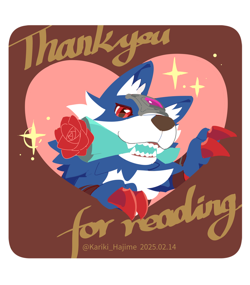 animal_ear_fluff blue_fur body_fur border brown_background dated digimon digimon_(creature) digimon_seekers english_text flower forehead_jewel holding holding_flower kariki_hajime loogamon mouth_hold pink_background red_eyes red_flower red_rose rose simple_background sparkle thank_you transparent_border twitter_username valentine white_fur wolf