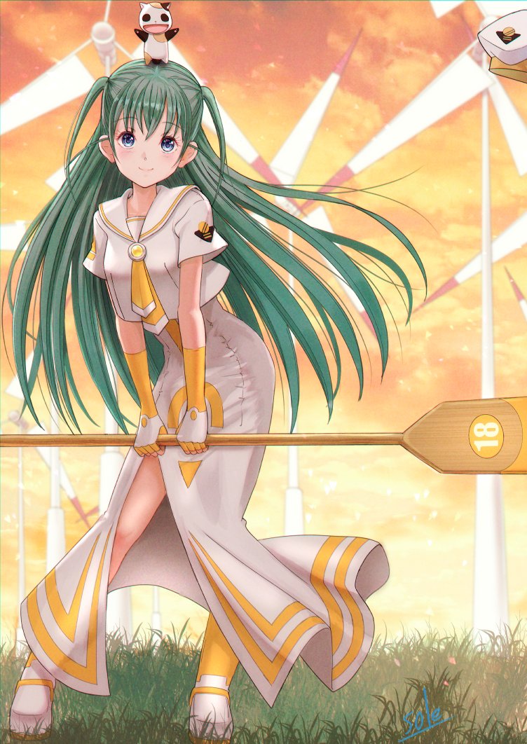 1girl alice_carroll aria_(manga) artist_name blue_eyes boots breasts closed_mouth cloud cloudy_sky contrapposto dress eyelashes fingerless_gloves full_body gloves gold_trim grass green_hair impossible_clothes impossible_dress long_dress long_hair looking_at_viewer orange_planet_uniform orange_sky outdoors president_maa sailor_collar short_sleeves side_slit signature sky small_breasts smile telaform two_side_up very_long_hair white_boots white_dress wind_turbine windmill