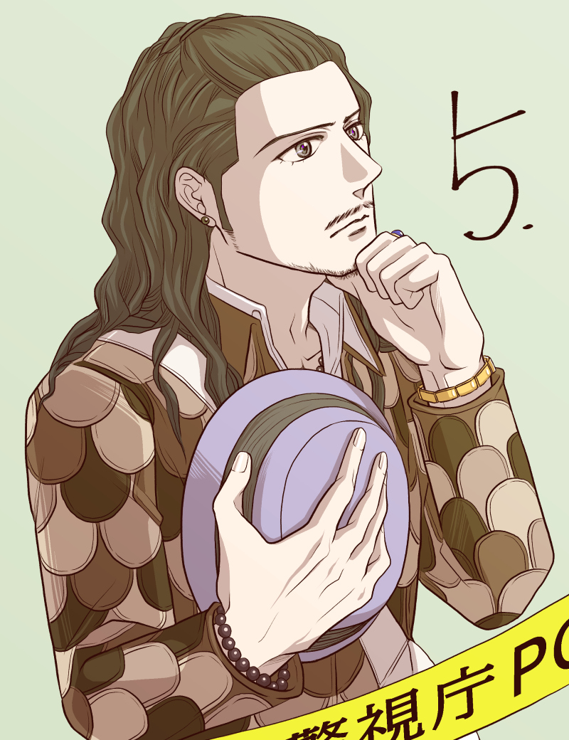 1boy bag bead_bracelet bead_necklace beads beard_stubble bracelet brown_jacket caution_tape countdown earrings facial_hair gold_bracelet green_background grey_eyes hand_on_own_chin hat hijiri_jyouji holding holding_unworn_clothes holding_unworn_hat jacket jewelry long_hair male_focus mustache_stubble necklace ring shin_megami_tensei shin_megami_tensei_iii:_nocturne shoulder_bag solo stroking_own_chin stubble thinking unworn_hat unworn_headwear upper_body watabashi_yf