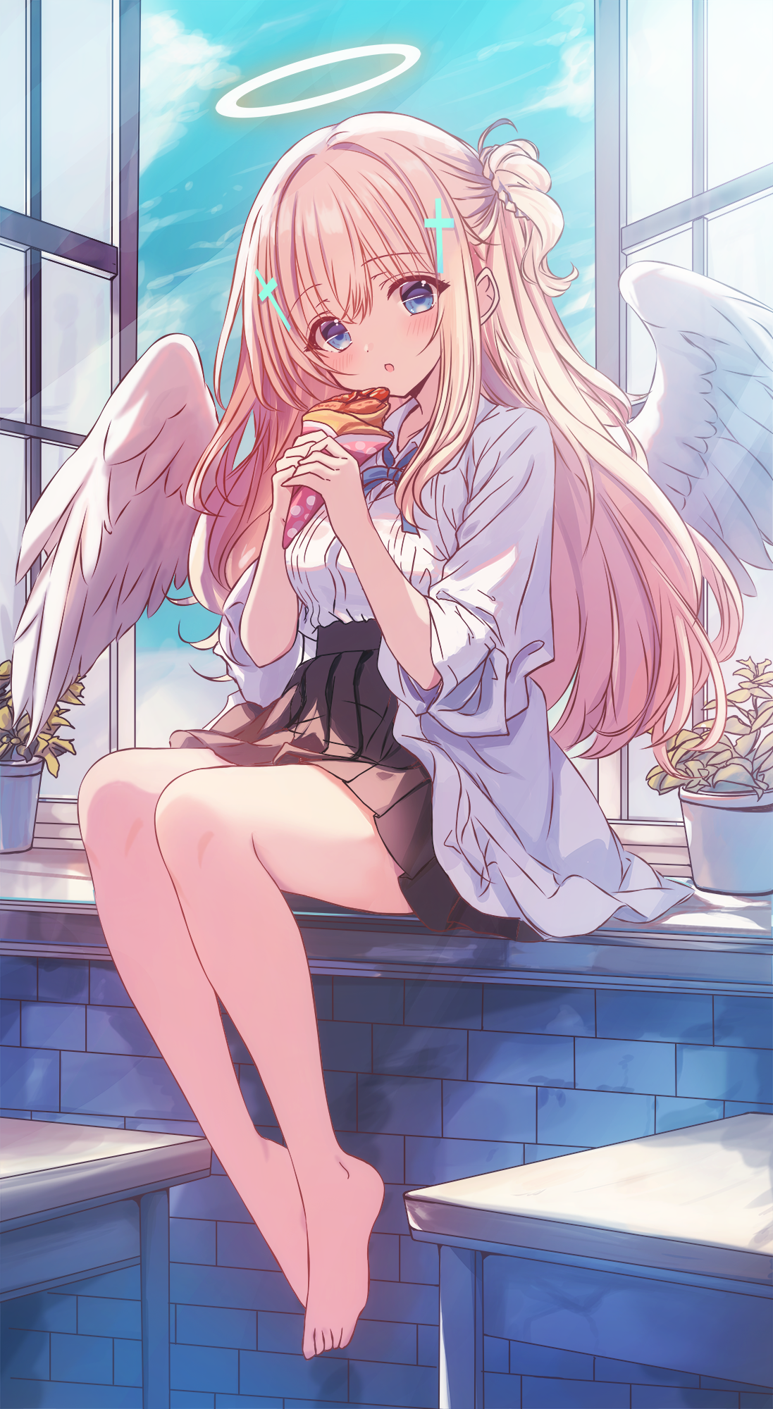 1girl angel_wings bare_legs barefoot black_skirt blonde_hair blue_eyes blue_sky blush commentary_request crepe cross_hair_ornament cutlass_(classic_chocolate) day desk feathered_wings flower_pot food hair_ornament halo high-waist_skirt highres holding holding_crepe holding_food indoors long_hair long_sleeves looking_at_viewer on_windowsill one_side_up open_mouth open_window original plant pleated_skirt potted_plant school_desk shirt sitting skirt sky solo tareme very_long_hair white_shirt white_wings window wings