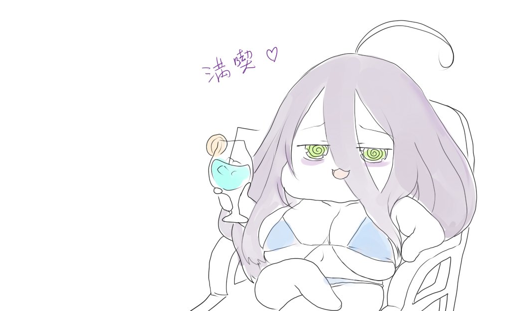 1girl :3 @_@ ahoge breasts chair chibi female_focus green_eyes hair_between_eyes holding_glass large_breasts long_hair open_mouth original sitting smile solo tsukasawa_takamatsu white_background yu-chan_(tsukasawa_takamatsu)