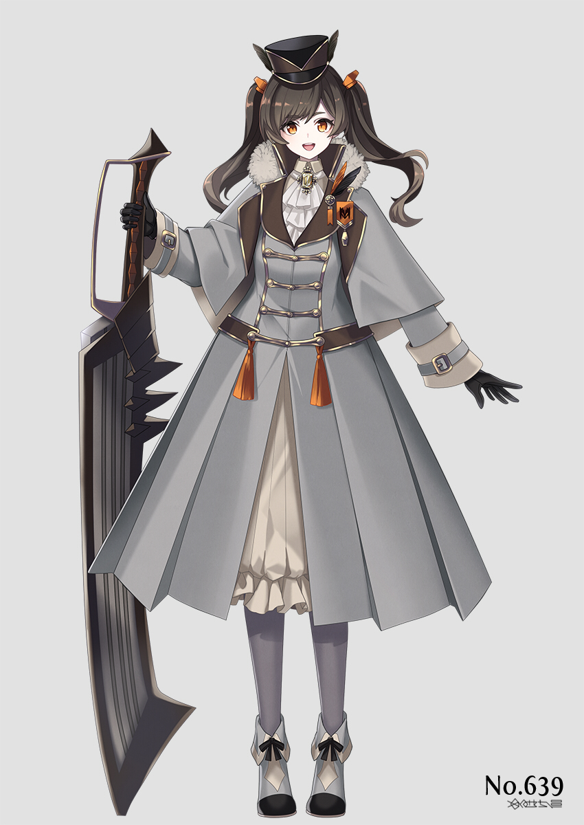 1girl ascot black_feathers black_gloves black_hat brooch brown_dress brown_hair capelet coat collared_dress dress feathers female_focus flat_chest frilled_dress frills full_body fur-trimmed_capelet fur_trim gen_5_pokemon gloves greatsword grey_background grey_capelet grey_coat grey_pantyhose grey_shoes hair_ribbon hand_up happy hat highres holding holding_sword holding_weapon jewelry legendary_pokemon long_hair long_sleeves looking_at_viewer medal merlusa nintendo open_mouth orange_feathers orange_ribbon pantyhose personification pokedex_number pokemon quill reverse_grip ribbon shako_cap shoes sidelocks simple_background smile solo standing swept_bangs sword tassel teeth terrakion twintails weapon white_ascot wide_sleeves winged_hat