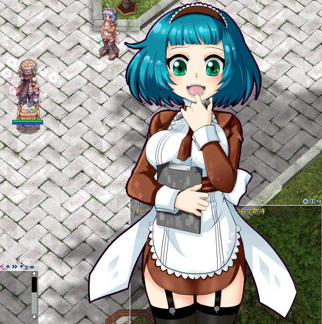 1girl :d alty_(ragnarok_online) apron black_thighhighs blue_hair breasts brown_dress brown_necktie clipboard commentary_request cowboy_shot dress frilled_apron frills game_screenshot_background garter_straps green_eyes holding holding_clipboard kafra_uniform long_sleeves looking_at_viewer maid maid_headdress medium_breasts necktie open_mouth ragnarok_online ruchine screenshot_background short_bangs short_hair smile solo thighhighs white_apron