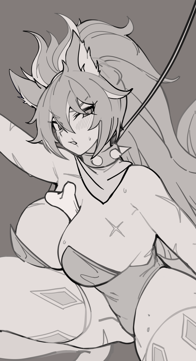 1girl 3gs animal_ear_fluff animal_ears arm_up asella_(elsword) bandana bandana_around_neck bare_shoulders bone breasts cleavage collar covered_navel cross_scar elsword female_focus flat_color fox_ears fox_girl grey_background grey_theme greyscale hair_between_eyes large_breasts leash leotard long_hair looking_at_viewer mature_female monochrome object_between_breasts parted_lips ponytail scar scar_on_arm scar_on_breasts scar_on_face scar_on_mouth sidelocks simple_background solo spiked_collar spikes spread_legs squatting strapless strapless_leotard thick_thighs thighs v-shaped_eyebrows