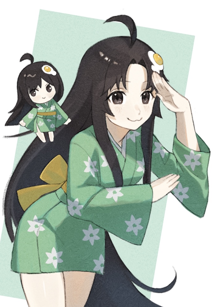 1girl :&gt; :3 ahoge araragi_tsukihi black_eyes black_hair chibi closed_mouth cowboy_shot curtained_hair egg_hair_ornament floral_print floral_print_kimono food-themed_hair_ornament full_body green_background green_kimono hair_ornament hands_up japanese_clothes kimono leaning_forward long_hair looking_at_viewer looking_to_the_side monogatari_(series) nek0n0_o print_kimono side_slit smile solo standing straight_hair two-tone_background white_background wide_sleeves yukata