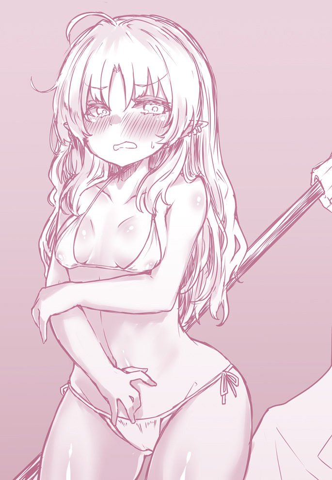 1girl ahoge arknights bare_arms bare_shoulders bikini blush breasts collarbone commentary_request covering_stomach cowboy_shot cowlick ear_piercing flag half-closed_eyes halterneck long_hair looking_at_viewer micro_bikini myrtle_(arknights) navel open_mouth parted_bangs piercing pink_theme side-tie_bikini_bottom sidelocks simple_background small_breasts solo standing stomach swimsuit v-shaped_eyebrows white_bikini yume_(i_think.)