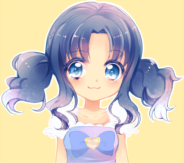 10s 1girl :3 alternate_hairstyle blue_eyes blue_hair brooch female_focus heart heart_brooch heartcatch_precure! jewelry kurumi_erika looking_at_viewer matching_hair/eyes precure short_hair sidelocks smile solo twintails upper_body uzuki_aki yellow_background