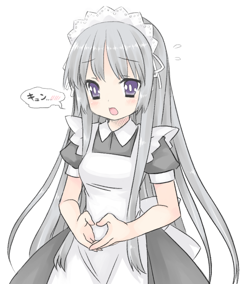 1girl akiyama_mio alternate_hairstyle black_eyes blush dress female_focus grey_hair heart heart_hands hime_cut k-on! long_hair looking_at_viewer maid maid_headdress mg moe_moe_kyun! one_eye_closed open_mouth ribbon simple_background solo spoken_blush sweatdrop very_long_hair wink
