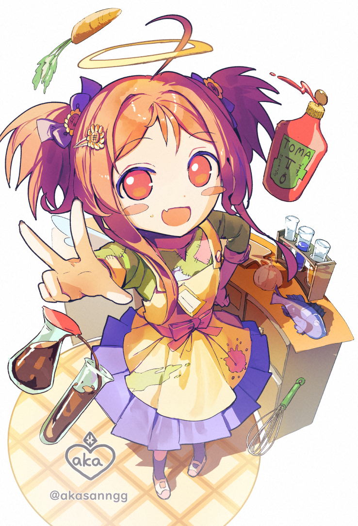 :d ahoge akasanngg angel angel_wings apron blue_socks blush bow carrot fang fish flat_chest flower flying_nimbus hair_bobbles hair_bow hair_flower hair_ornament hairclip ketchup_bottle looking_at_viewer onion open_mouth orange_eyes orange_hair original parted_bangs patch pleated_skirt purple_bow shirt shoes signature simple_background skirt sleeves_rolled_up smile socks soy_sauce stain stained_clothes standing sunflower sunflower_hair_ornament table test_tube uwabaki w waist_bow whisk white_background wings yellow_apron