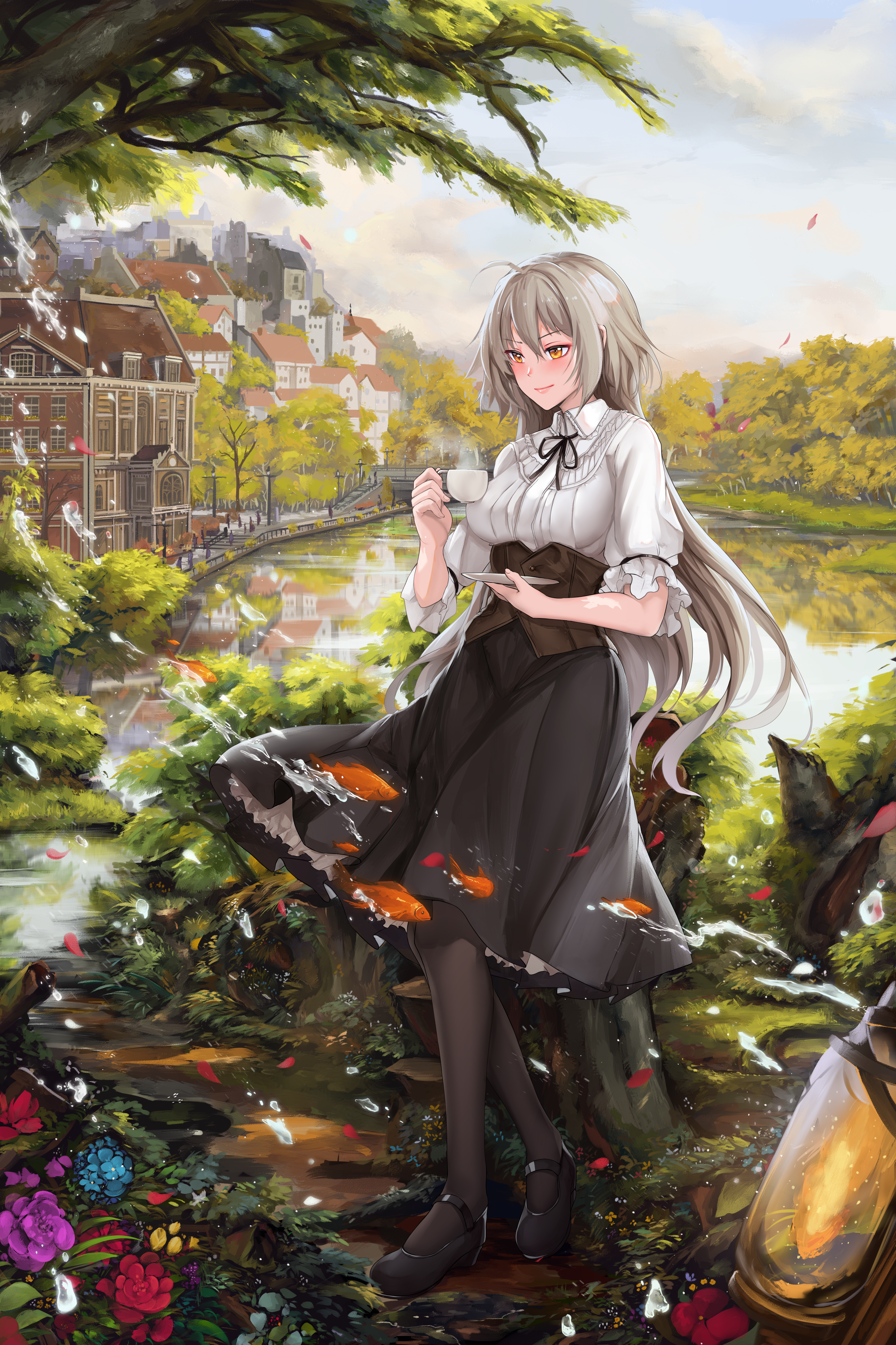 1girl absurdres ahoge artist_name black_pantyhose black_skirt blouse blush breasts city corset cup fate/grand_order fate_(series) flower hanada_yanochi highres holding holding_cup holding_saucer jeanne_d'arc_(fate) jeanne_d'arc_alter_(avenger)_(fate) jeanne_d'arc_alter_(fate) lantern large_breasts light_smile long_hair long_skirt mary_janes pantyhose petals petticoat pixiv_fate/grand_order_contest_2 saucer shirt shoes silver_hair skirt solo teacup tree twitter_username white_shirt yellow_eyes