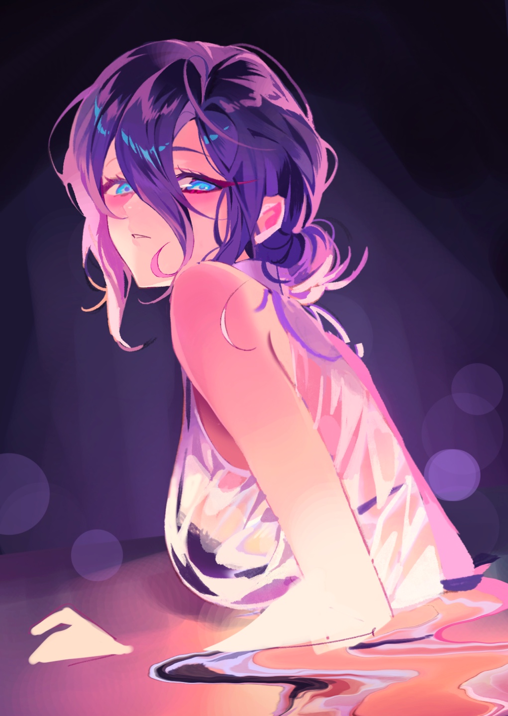 1girl black_bra bra bra_visible_through_clothes chainsaw_man coloringday hair_between_eyes hair_bun highres looking_at_viewer medium_hair messy_hair parted_lips partially_submerged purple_eyes purple_hair reze_(chainsaw_man) shirt single_hair_bun sleeveless sleeveless_shirt solo underwear wet wet_clothes wet_shirt white_shirt