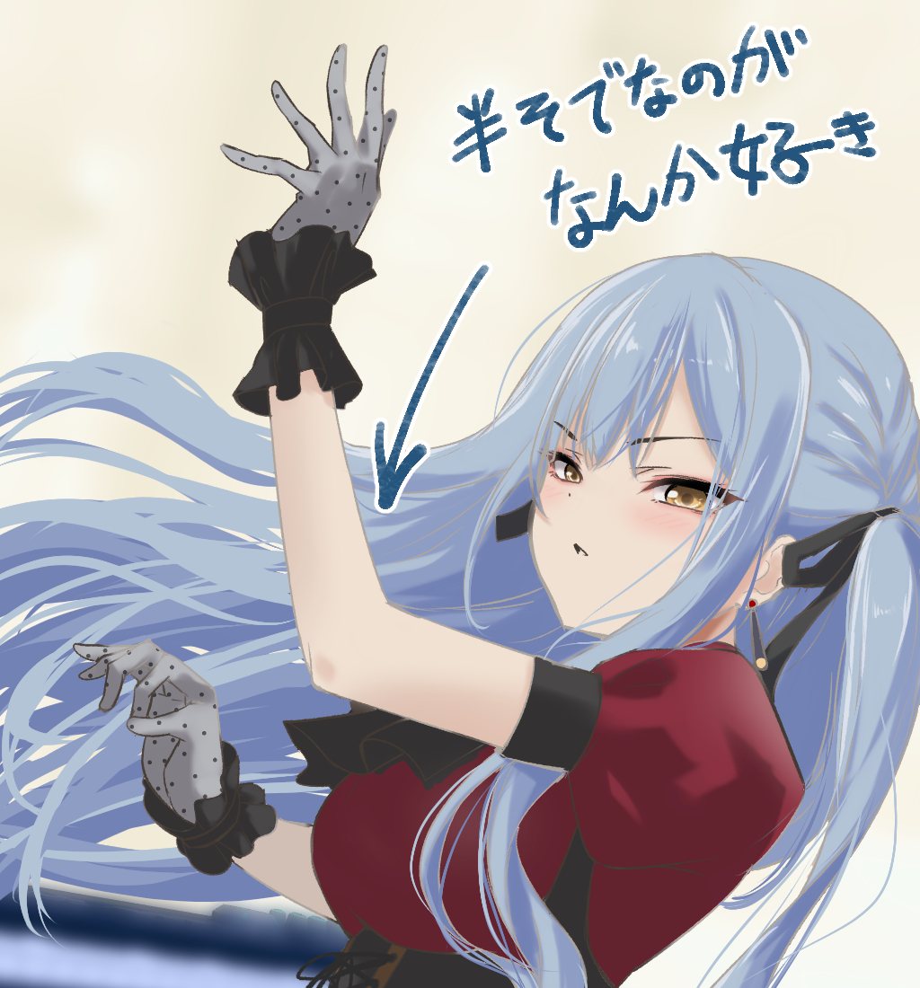 1girl arm_up arrow_(symbol) ascot bang_dream! bang_dream!_it&#039;s_mygo!!!!! black_ascot black_ribbon blush breasts brown_background commentary_request earrings floating_hair frilled_gloves frills gloves gradient_background grey_gloves grey_hair hair_ribbon hand_up jewelry long_hair looking_at_viewer medium_breasts oblivionis_(bang_dream!) one_side_up parted_lips puffy_short_sleeves puffy_sleeves red_shirt ribbon shirt short_sleeves solo togawa_sakiko translation_request underbust upper_body urutsu_sahari v-shaped_eyebrows very_long_hair wavy_hair yellow_eyes