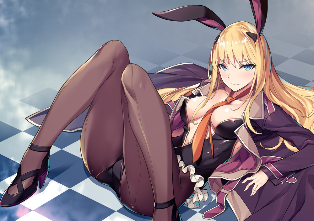 1girl animal_ears areola_slip baldr_sky black_leotard blonde_hair blue_eyes breasts center_opening checkered_floor fake_animal_ears frilled_leotard frills high_heels jacket kikuchi_seiji kirishima_rain large_breasts leotard long_hair necktie on_floor orange_necktie original pantyhose playboy_bunny purple_jacket rabbit_ears sidelocks tights_day