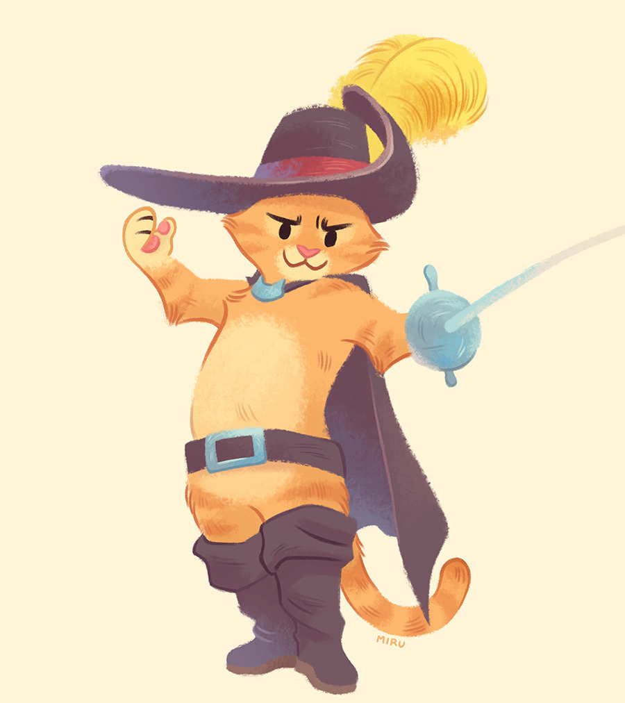 1boy arm_up artist_name belt black_belt black_cape black_eyes black_hat boots cape cat dreamworks full_body hat hat_feather holding holding_sword holding_weapon looking_at_viewer male_focus mirudraws orange_fur puss_in_boots_(shrek) rapier simple_background smile solo sword thigh_boots weapon