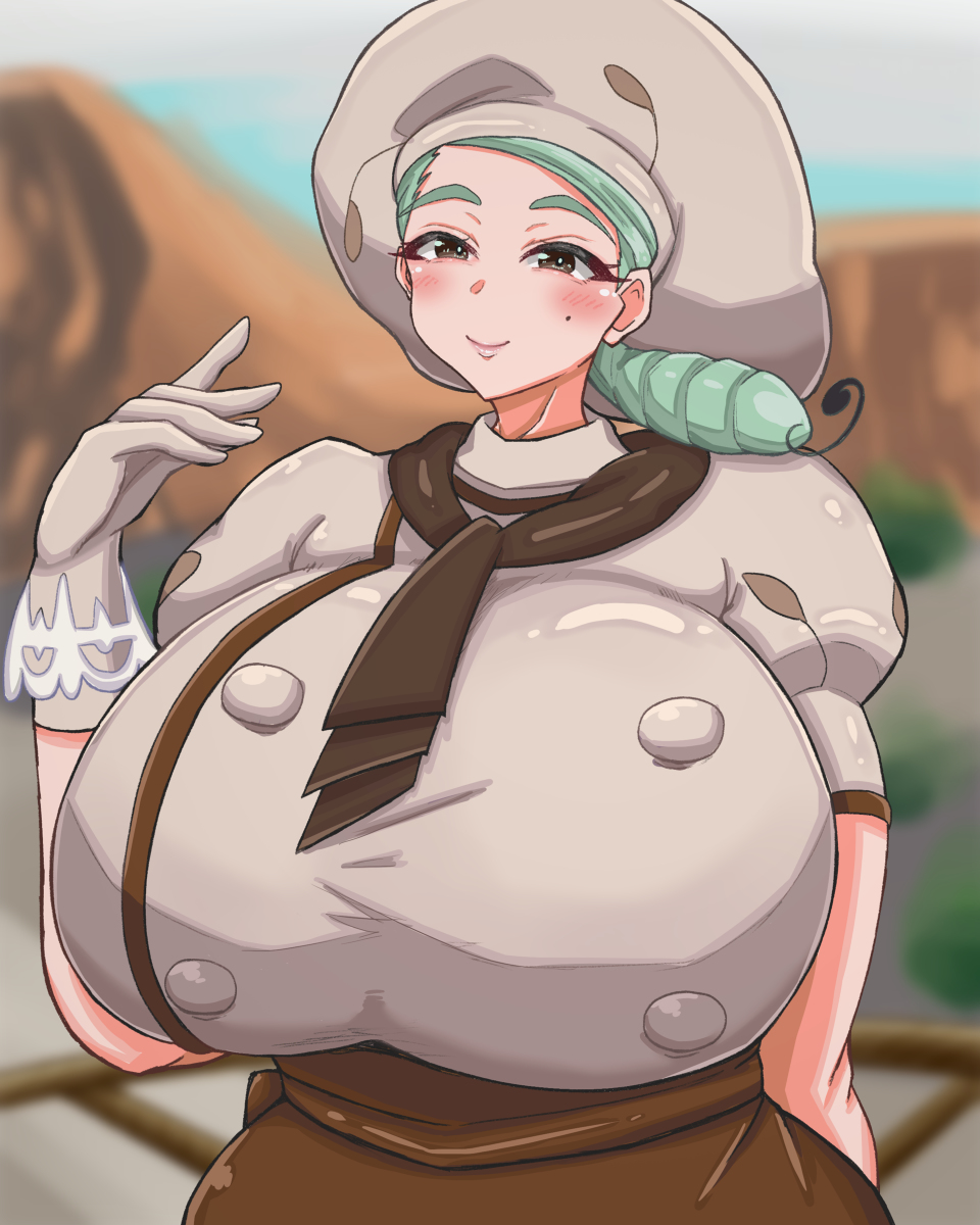 1girl apron breasts green_hair hat highres huge_breasts katy_(pokemon) mole mole_on_cheek nintendo pokemon pokemon_sv u_na_765