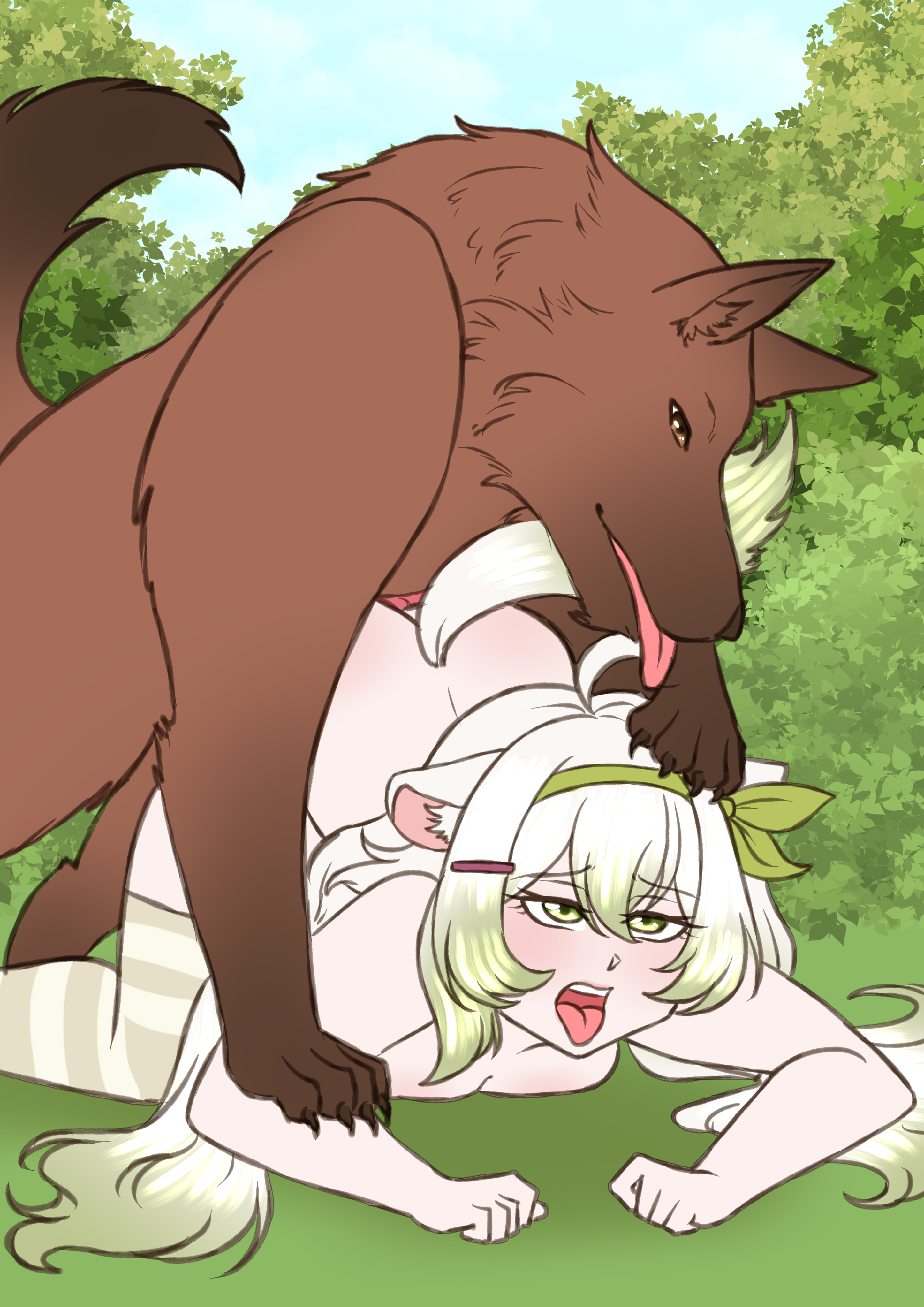 1girl absurdres ahegao ahoge all_fours animal_ear_fluff animal_ears bestiality blush breasts commentary commission completely_nude dog doggystyle english_commentary feet_out_of_frame ferret_ears ferret_girl ferret_tail gradient_hair gradient_tail green_eyes green_hair green_hairband green_ribbon hair_between_eyes hair_ornament hair_ribbon hairband hairclip hand_on_another's_head highres laimu_(vtuber) laimu_(vtuber)_(cozy) long_hair marinesunrise medium_breasts multicolored_hair nude open_mouth ribbon sex sex_from_behind solo thighhighs tongue tongue_out two-tone_hair vaginal variant_set very_long_hair vinesauce virtual_youtuber white_hair white_thighhighs