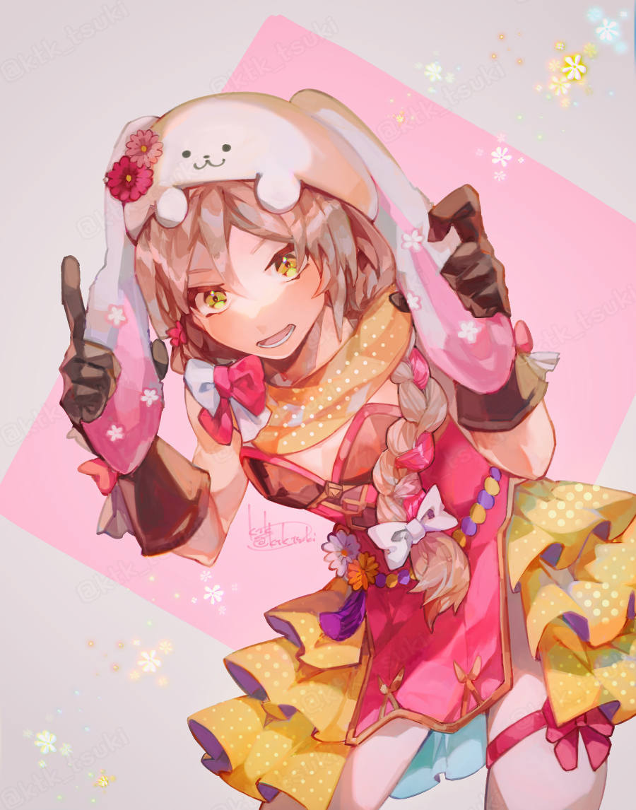 1girl animal_hat blonde_hair braid brown_scarf expressive_clothes fire_emblem fire_emblem_engage fire_emblem_heroes framme_(fire_emblem) framme_(spring)_(fire_emblem) gloves hat long_hair looking_at_viewer multicolored_hair nintendo official_alternate_costume open_mouth pink_hair rabbit_hat scarf single_braid solo split-color_hair tatibana-tsuki two-tone_hair yellow_eyes