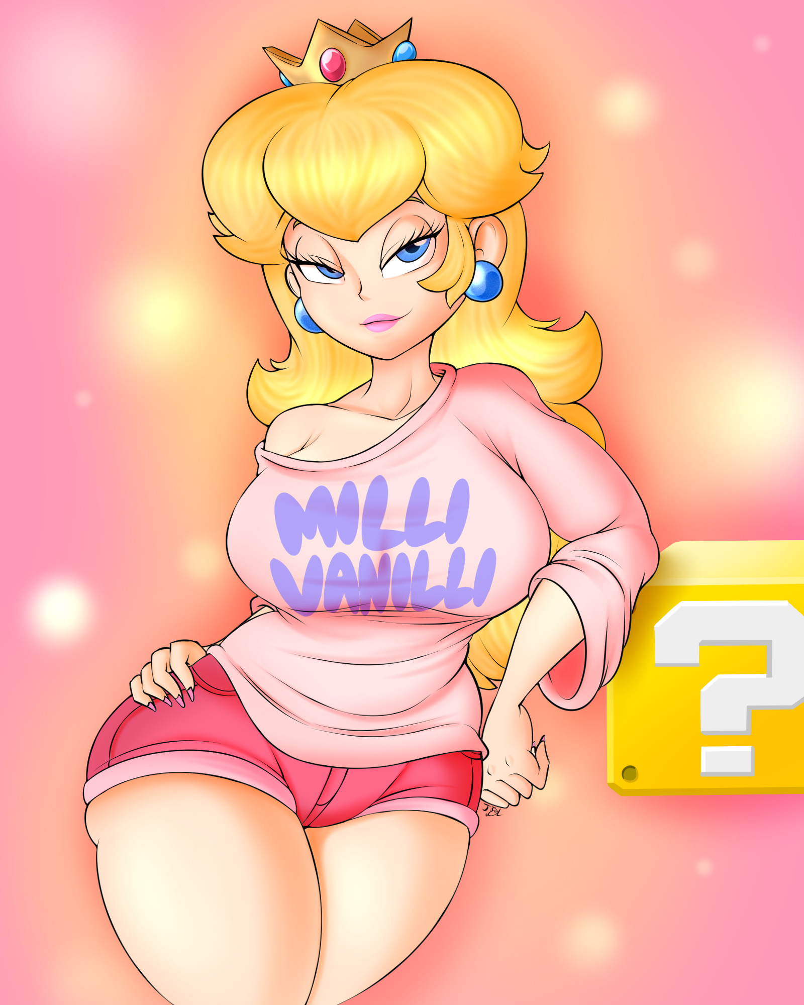 1girl ?_block armpit_crease artist_name bare_shoulders blonde_hair blue_eyes breasts casual closed_mouth clothes_writing collarbone crown denim denim_shorts earrings eyelashes fingernails half-closed_eyes hand_on_own_hip highres hip_focus jewelry large_breasts leaning_on_object lips long_fingernails long_hair looking_at_viewer loose_clothes loose_shirt mario_(series) nail_polish nintendo off-shoulder pink_background pink_lips pink_nails pink_shirt pink_shorts princess_peach seductive_smile shirt short_shorts shorts signature skindentation three-quarter_sleeves smile solo teenagebratwurst the_adventures_of_super_mario_bros._3 thighs wide_sleeves