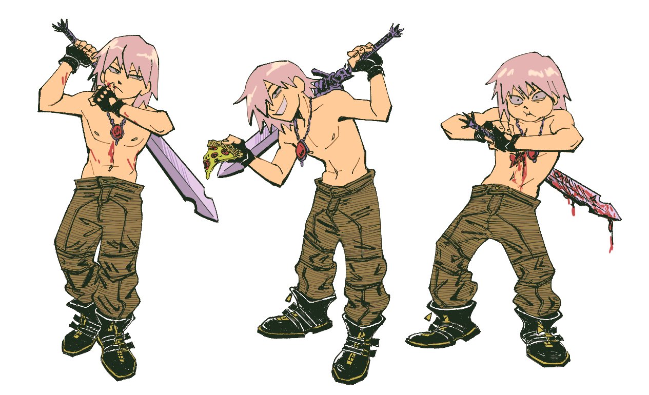 1boy dante_(devil_may_cry) devil_may_cry devil_may_cry_(series) devil_may_cry_3 fingerless_gloves gloves holding jewelry male_focus necklace rebellion_(sword) smile solo sword topless_male weapon white_hair wildcatfourteen